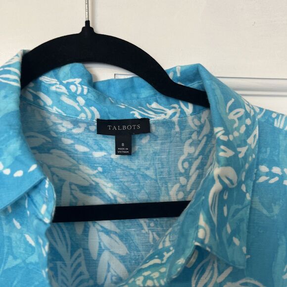 Talbots Linen Midi Dress Womens 8 Blue Floral Button Tie Collar Coastal Beach - Picture 5 of 9